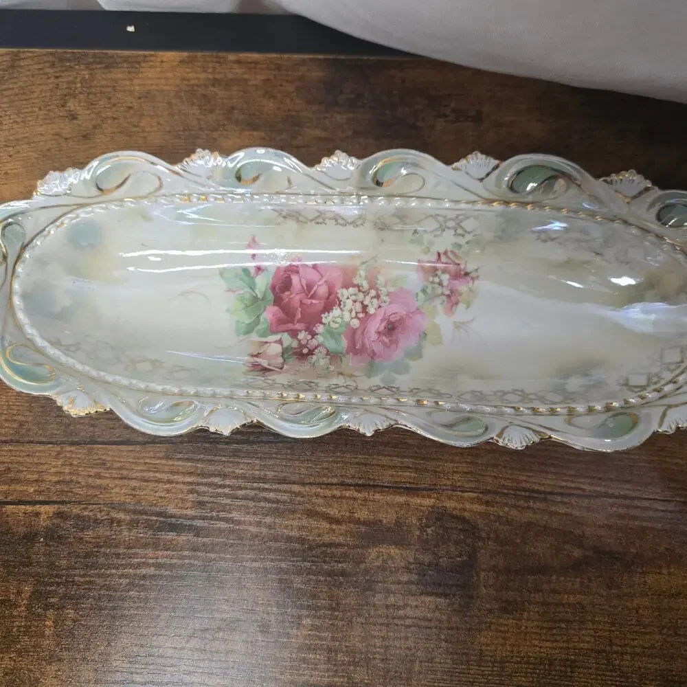 Vintage Floral Celery/Relish Dish Pink Flowers Green Ribbon Gold Trim